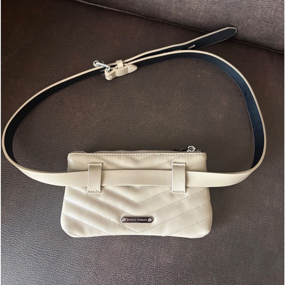 Rebecca Minkoff Belt Bag Womens OS Beige Quilted Leather Chevron Pouch EUC